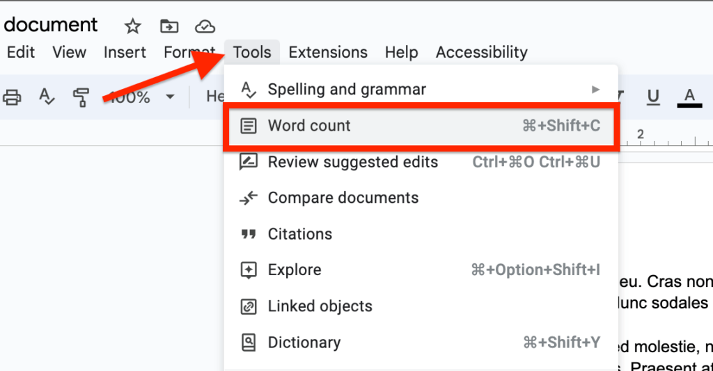 access word count google docs