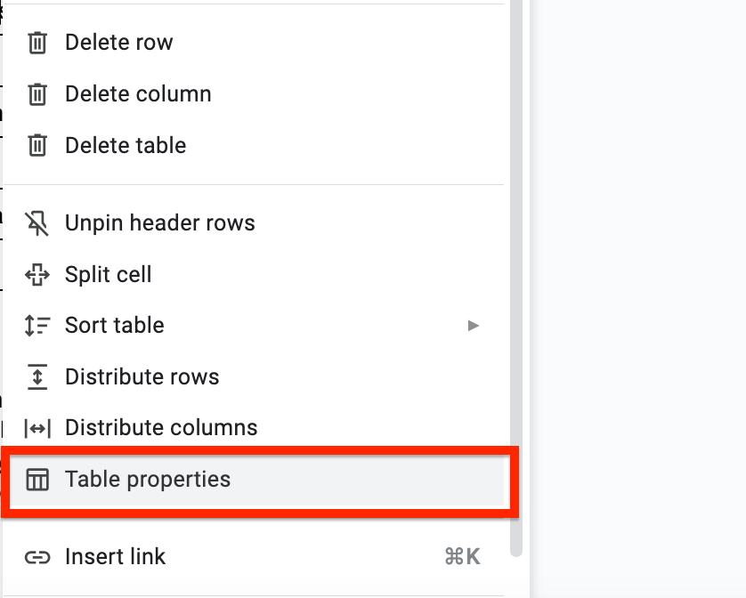 right click table properties