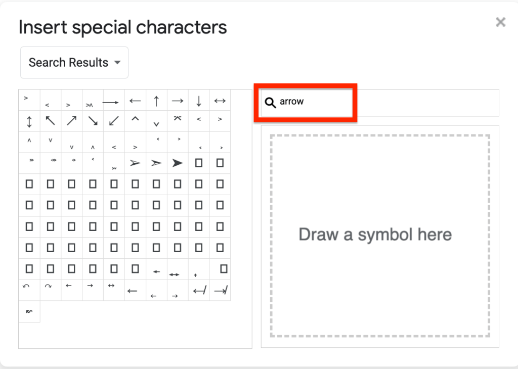 search for arrow special characters