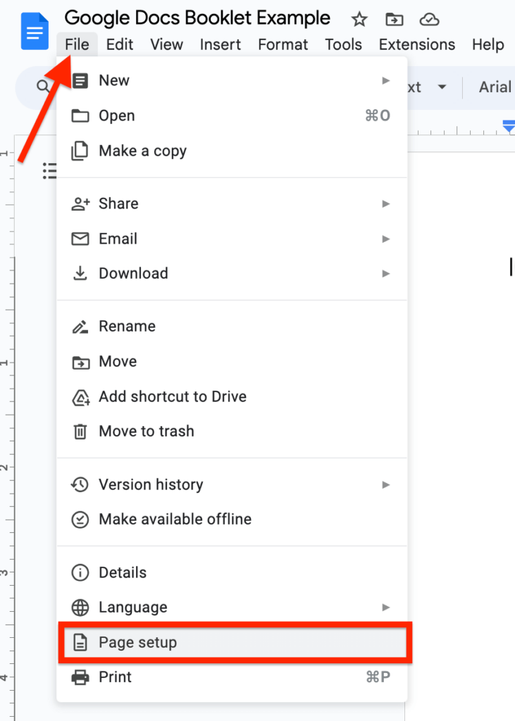 select page setup google docs