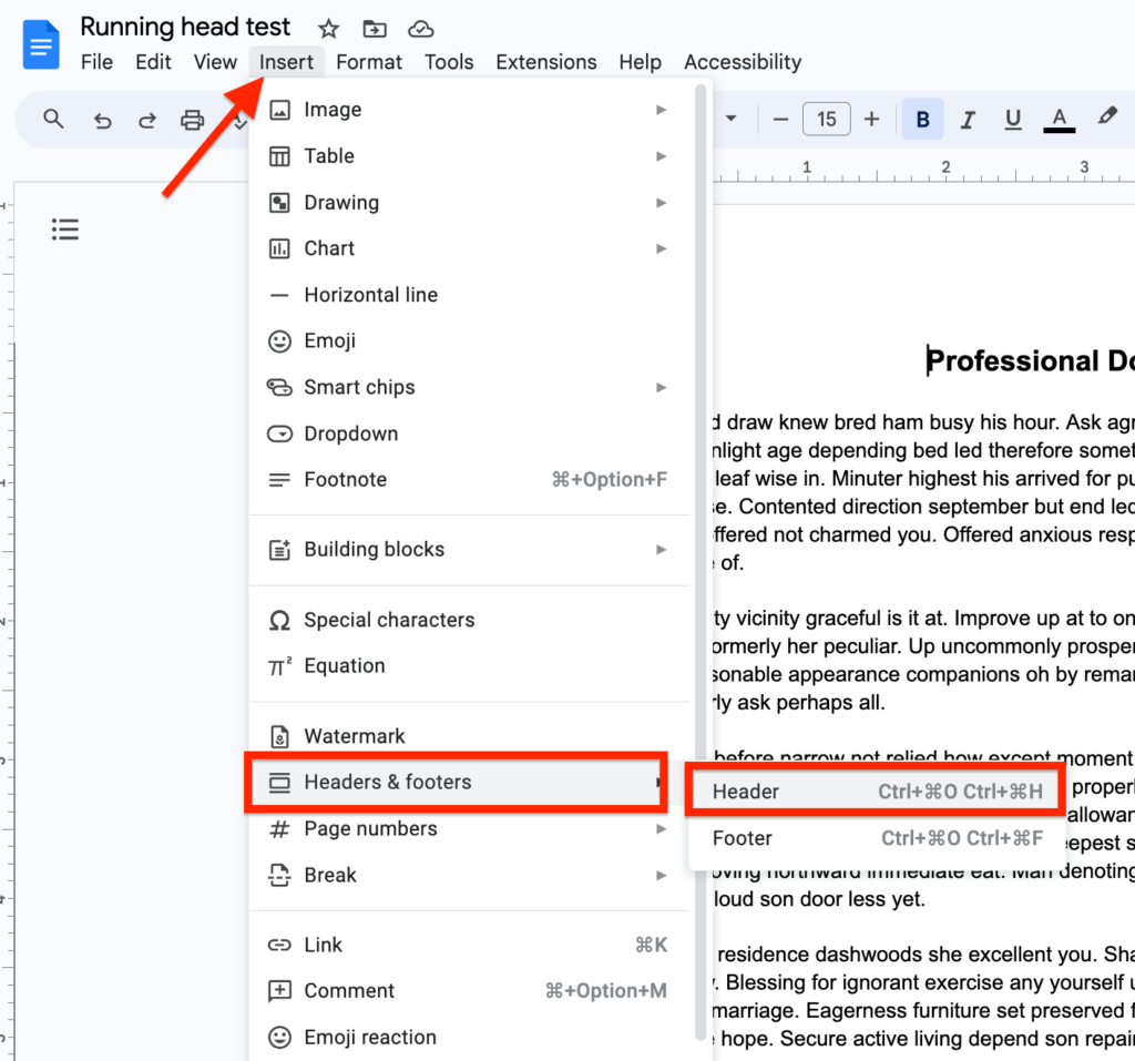 insert header from google docs menu