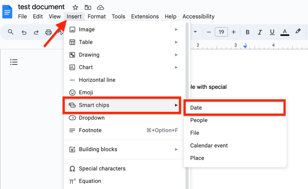 select smart chips date google docs menu