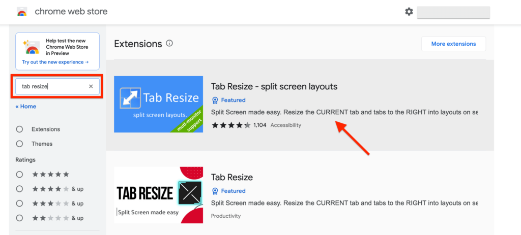 search for tab resize extension on webstore