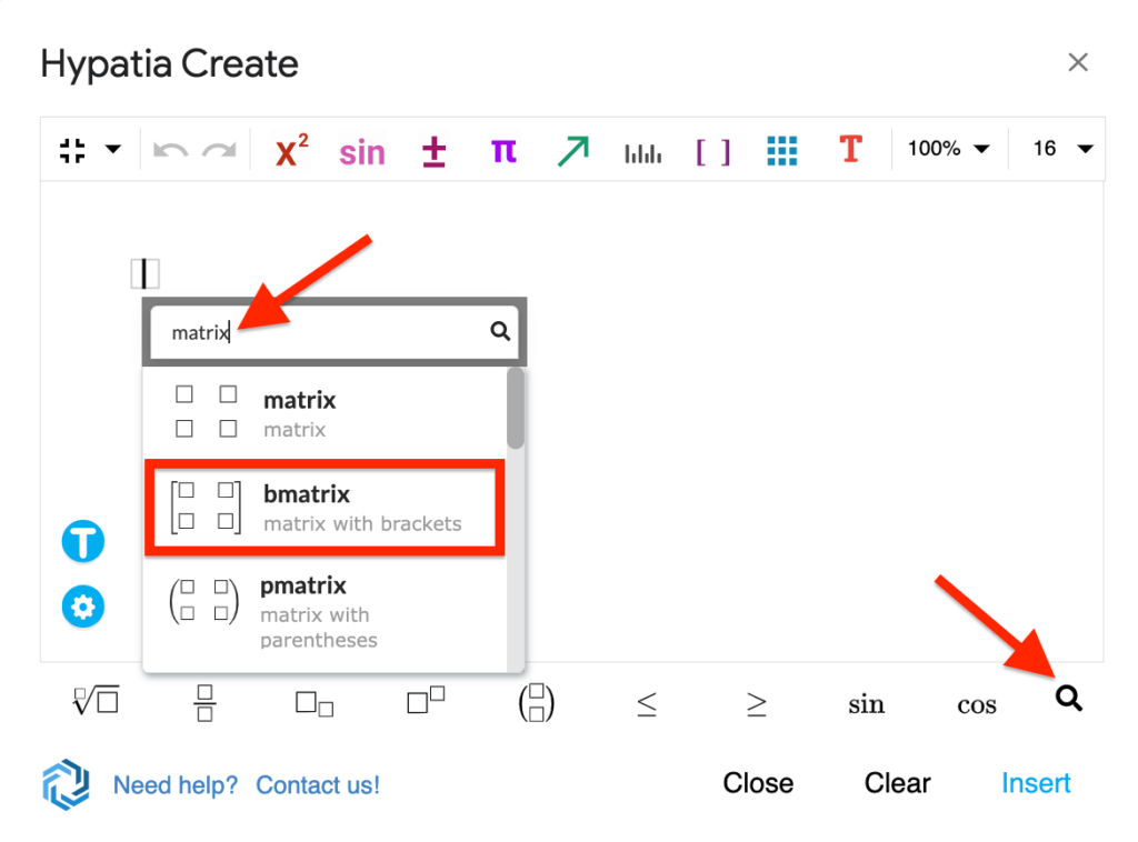 search for matrix and select a type